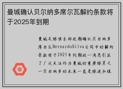 曼城确认贝尔纳多席尔瓦解约条款将于2025年到期 曼城确认贝尔纳多席尔瓦解约条款将于2025年到期