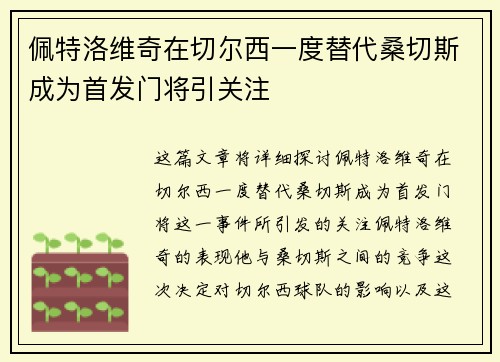 佩特洛维奇在切尔西一度替代桑切斯成为首发门将引关注 佩特洛维奇在切尔西一度替代桑切斯成为首发门将引关注